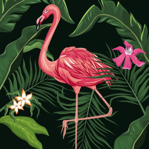 Vector flamingo exotic tropical bird flower and leaves