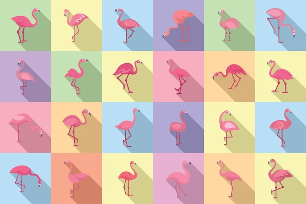 Flamingo icons set flat vector Tropical bird