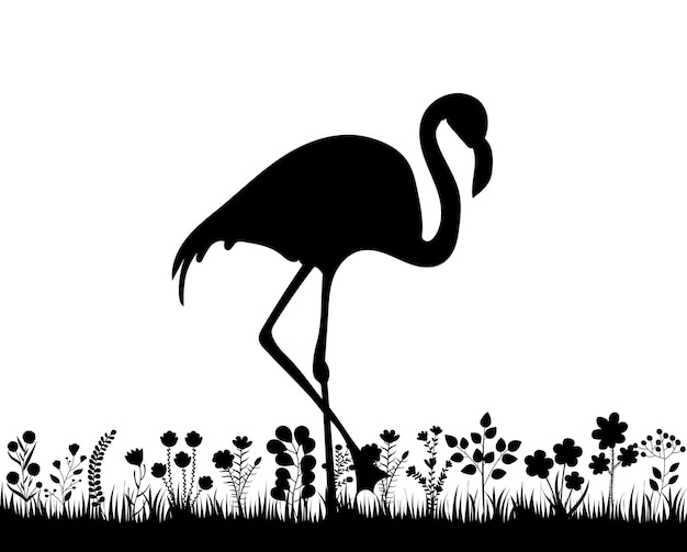 Flamingo in het gras zwarte silhouet geïsoleerde vector