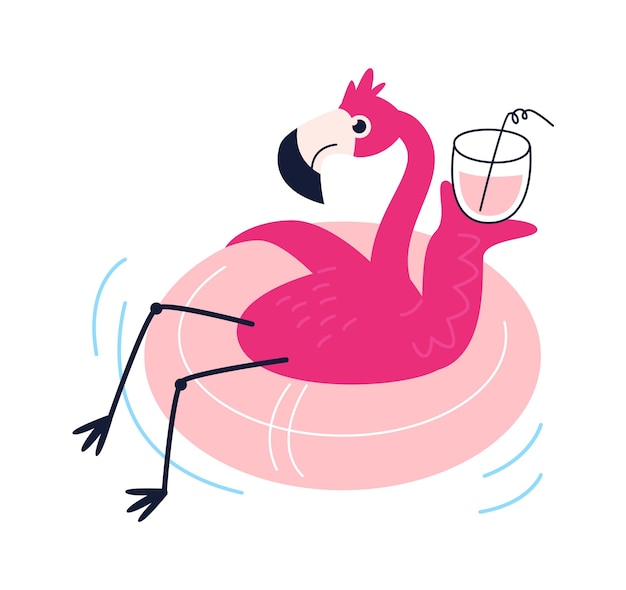 Flamingo on lifebuoy with cocktail