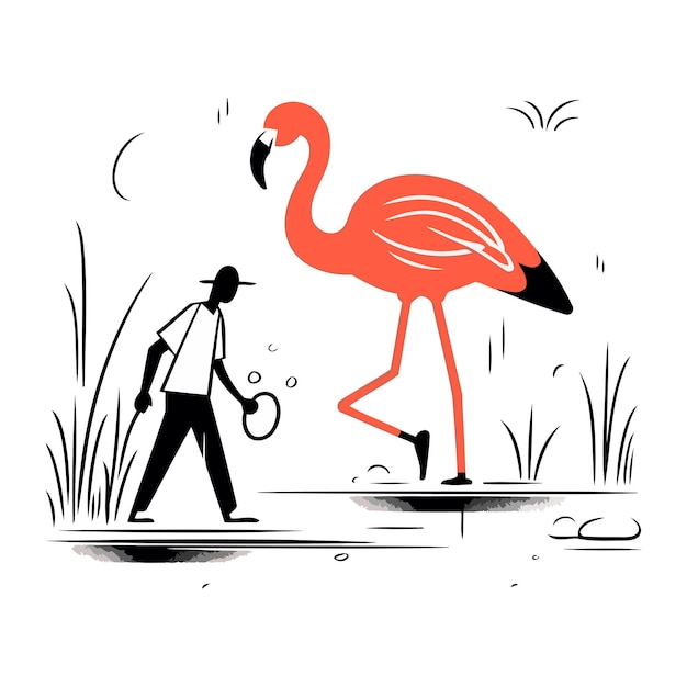 Vector flamingo and a man in the park vector illustration