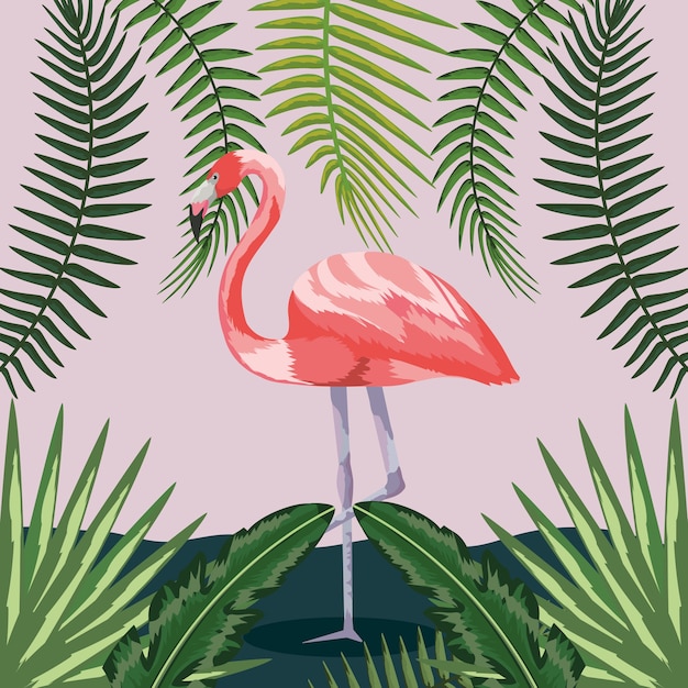 Vector flamingo met takken laat planten achtergrond