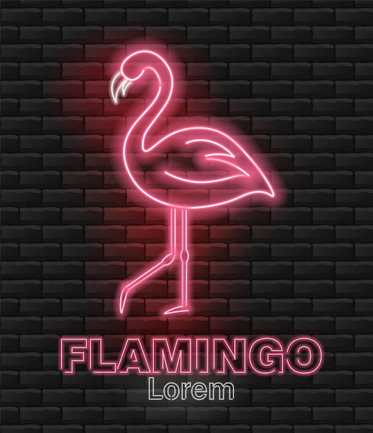 Flamingo neon, pink flamingo, hello summer, neon pink light, brick background