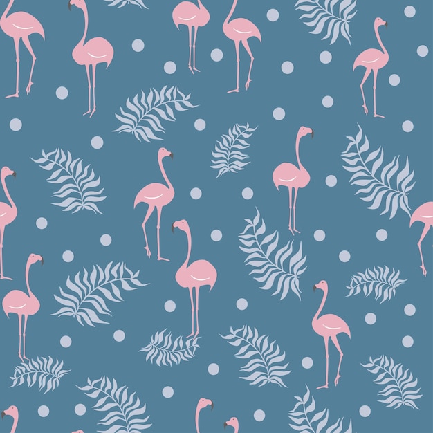 Flamingo pink bird with monstera leaf seamless pattern for kids