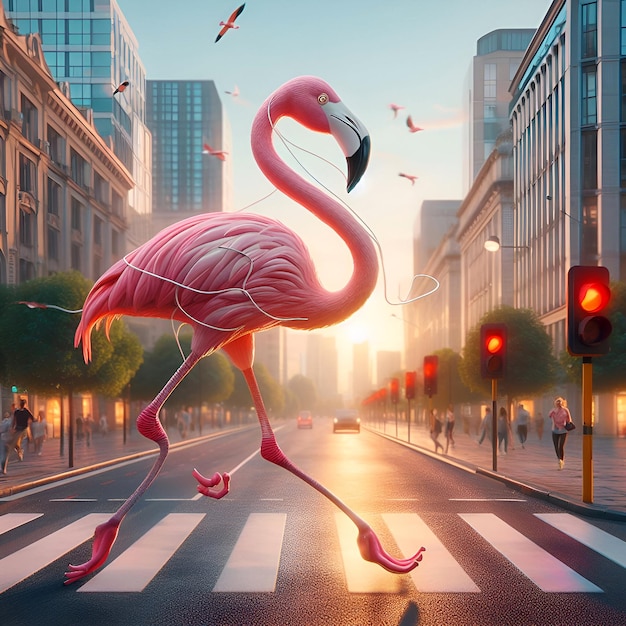 flamingo running on the streets