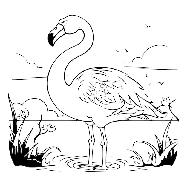 Vettore flamingo in piedi sulla riva del lago illustrazione vettoriale