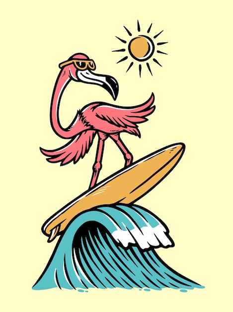 Flamingo on a surfboard with a wave and the sun