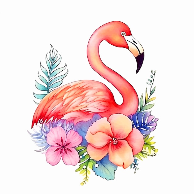 Flamingo surrounded by exotic flowers and leaves