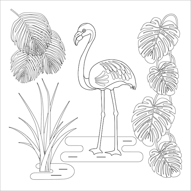 Vector flamingo surrounded by palm leaves, monsters and sedge. picture for coloring.