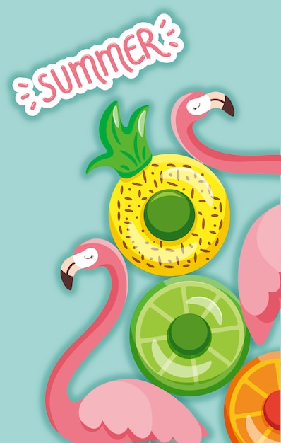 Vector flamingo and swimming ring in summer