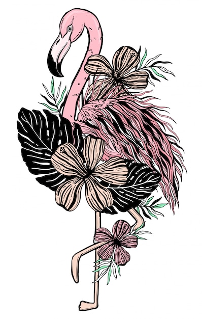 Flamingo tattoo tropical animal bird. summer nature drawing.