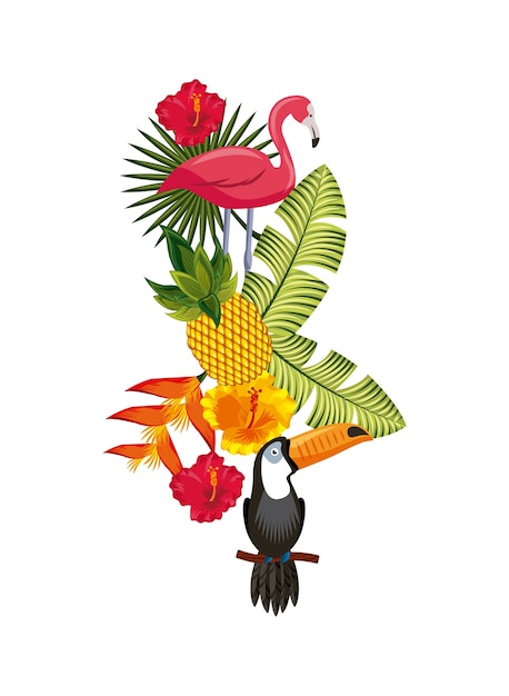 Vector flamingo and toucan with tropical flowers and leaves