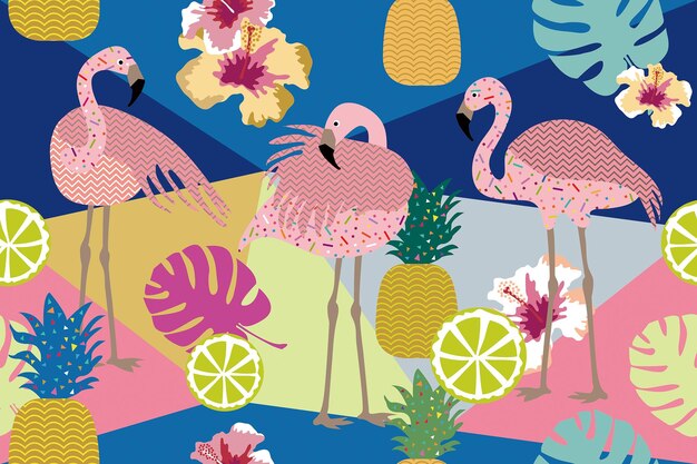 Vector flamingo tropical palm coconut floral background summer design vector