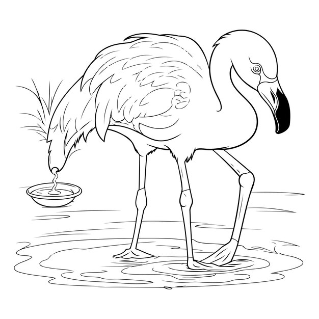 Flamingo with a bowl of water Black and white vector illustration