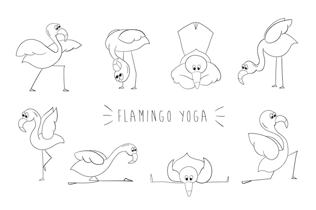 Flamingo yoga set cartoon flamingo's geïsoleerd op een witte achtergrond vector