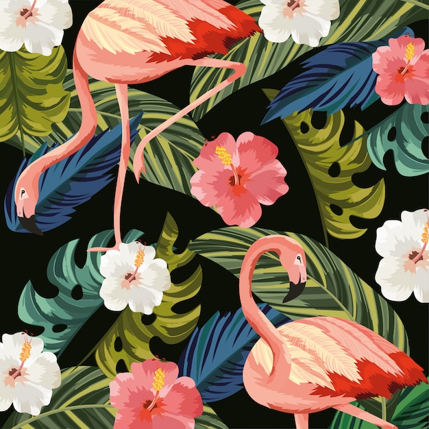 Flamingos animal with tropical flowers and leaves background