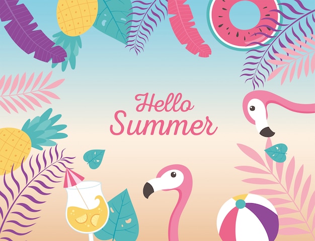 flamingos ball float cocktail pineapple exotic tropical leaves, hello summer lettering  illustration