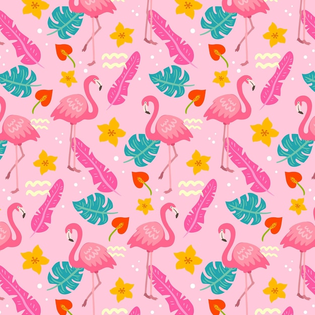 Flamingos pattern with tropical leaves