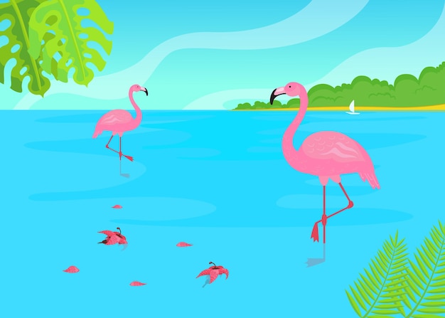 Vector flamingos standing in water in tropical landscape