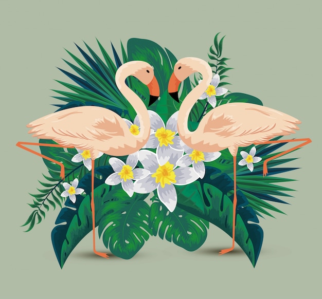 Flamingos with tropical flowers plants and leaves