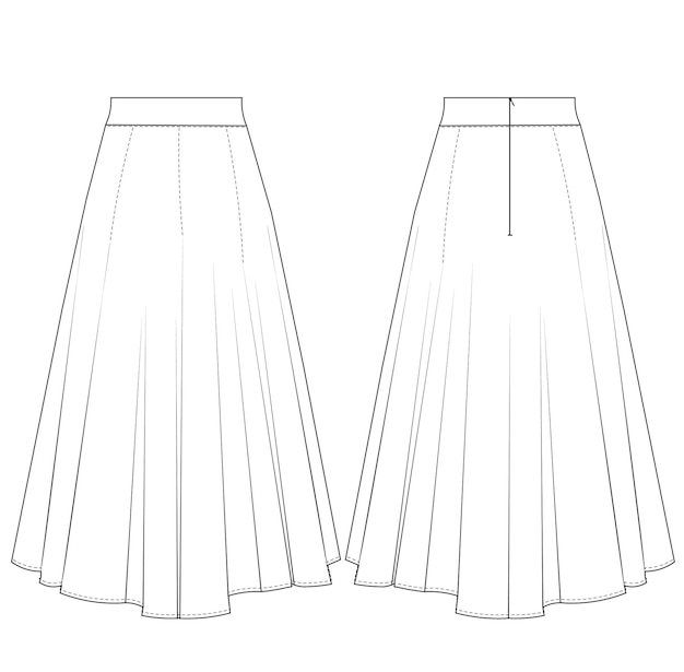 Vettore modello di gonna lunga maxi a linea disegno tecnico schizzo piatto modellazione cad design di donna di moda