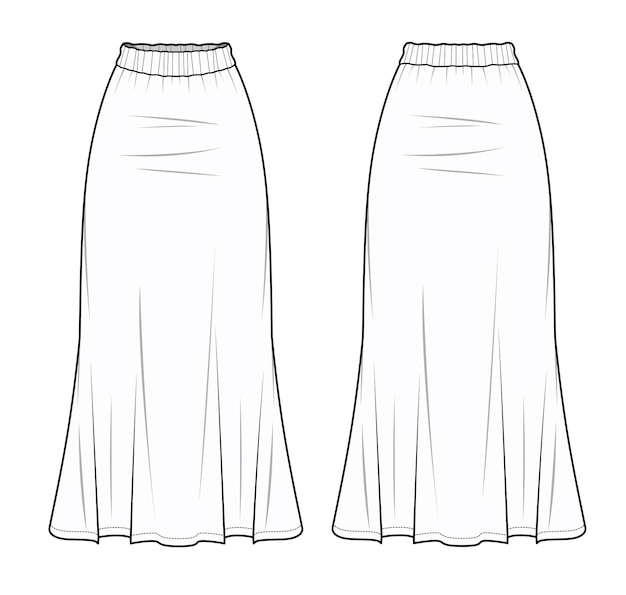 Vector flared skirt front and back view flat sketch vector illustration mockup template