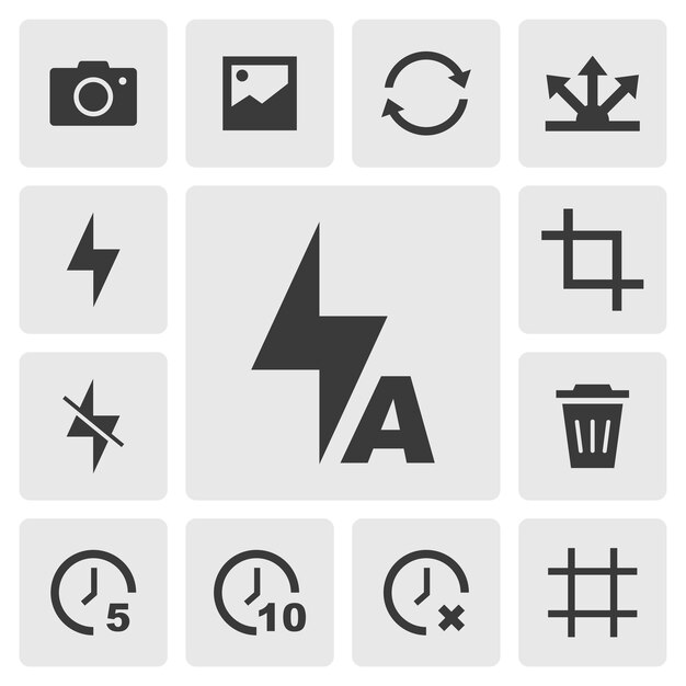 Vector flash auto icon vector design simple set of smartphone camera app icons silhouette solid black icon