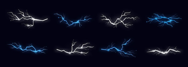 Flash bliksemschicht elementen Lichte lading donder hit blauwe en witte kleuren Elektrische stroom energie heldere effecten Bliksem pittige vectorverzameling van donder energie bliksem illustratie