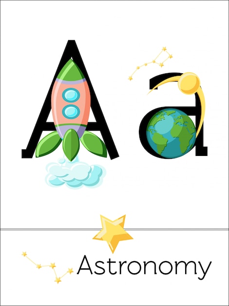 Flash card letter a is voor astronomie. wetenschap alfabet voor kinderen.