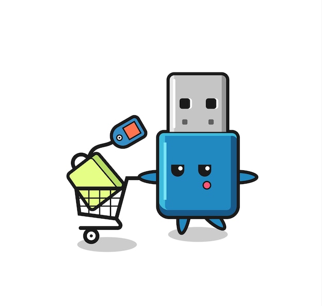 Flash drive usb illustratie cartoon met een winkelwagentje, schattig stijlontwerp voor t-shirt, sticker, logo-element