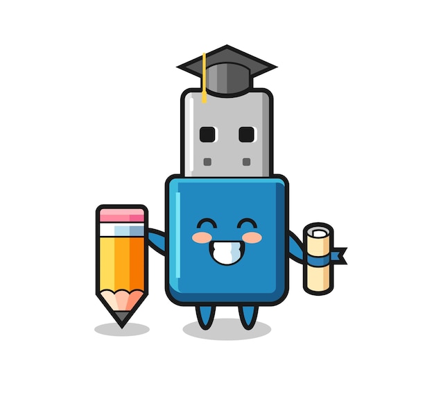 Flash drive usb illustration cartoon is graduation with a giant pencil , cute style design for t shirt, sticker, logo element