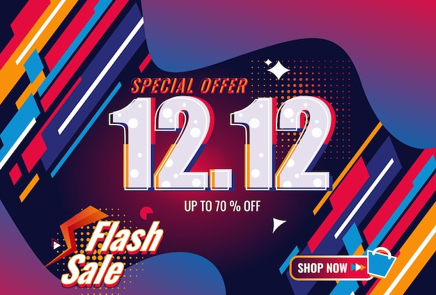 Vettore flash sale 1212 3d banner template design per web o social media offerta speciale fino a 70 sconto