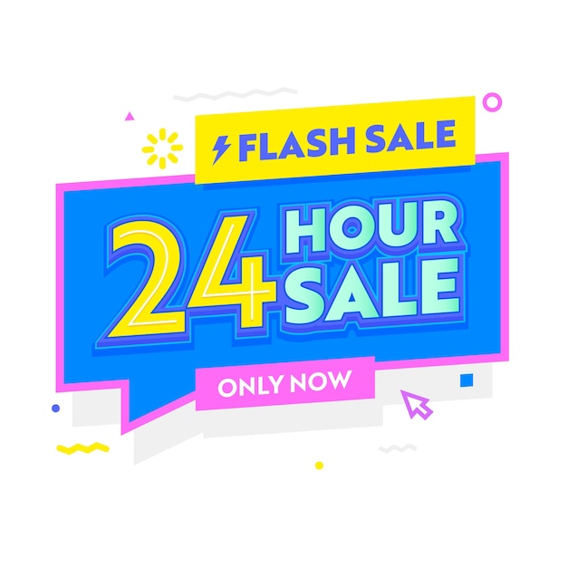 Баннер Flash Sale в простом стиле с типографикой для цифровой рекламы в социальных сетях. 24-часовое горячее предложение, скидка на покупки, красочный речевой пузырь в стиле фанк с минималистичным дизайном. Векторные иллюстрации