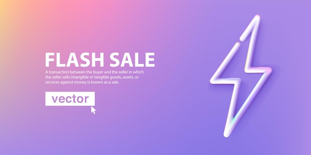 Modello di banner per la vendita flash icona della linea al neon con fulmini o tuoni lilla su sfondo viola pastello
