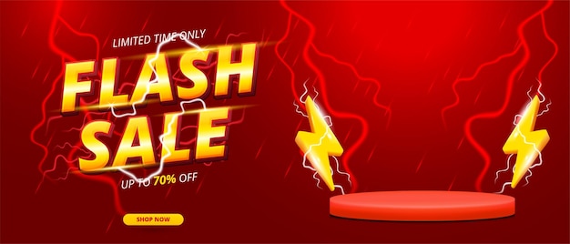 flash sale banner theme and red podium with empty space thunder and red background