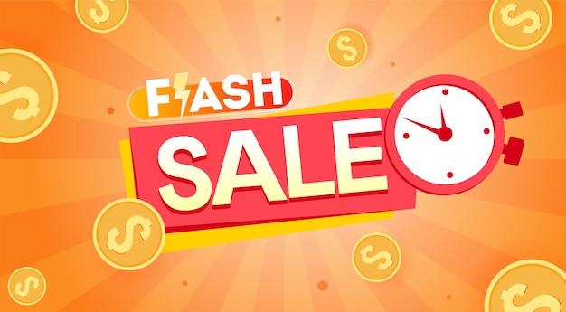 Flash sale banner with clock and money background vector