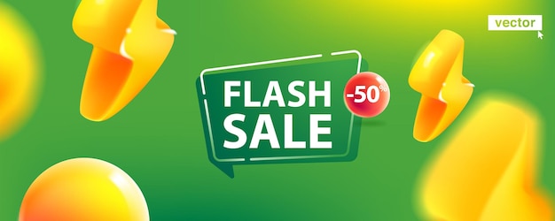 Vector flash sale banner with yellow lightning or thunder icons and bubble on green background special offer campaign design template