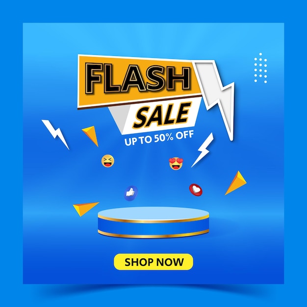 Banner di sconto vendita flash con icona emoji sul podio vuoto che mostra il modello di post di instagram sui social media su sfondo giallo