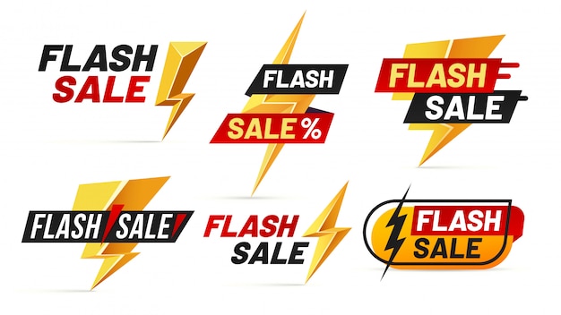 Flash sale. Mega sales lightning badges, best deal lightnings poster and buy only today offer badge illustration set