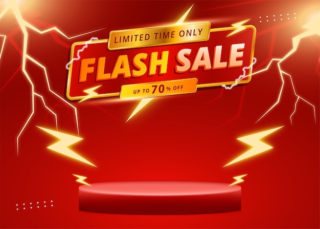 flash sale offer discount banner with 3d podium and lightning.