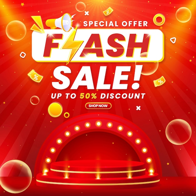 Flash sale ontwerp met schijnwerpers en modern podium op elegante abstracte details