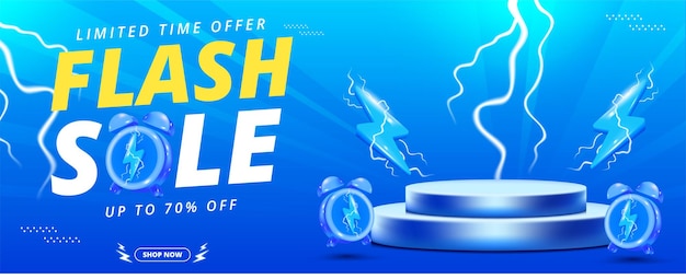 Flash sale promo banner template with 3d podium and 3d boltl