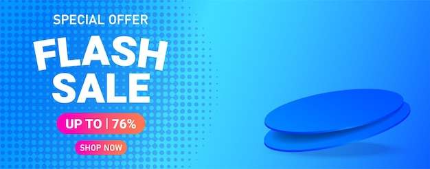 Flash sale promo banner template with podium and abstract background