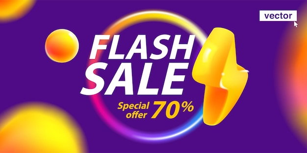 Flash Sale shopping banner template design with neon glowing lightning multicolor circle and spheres