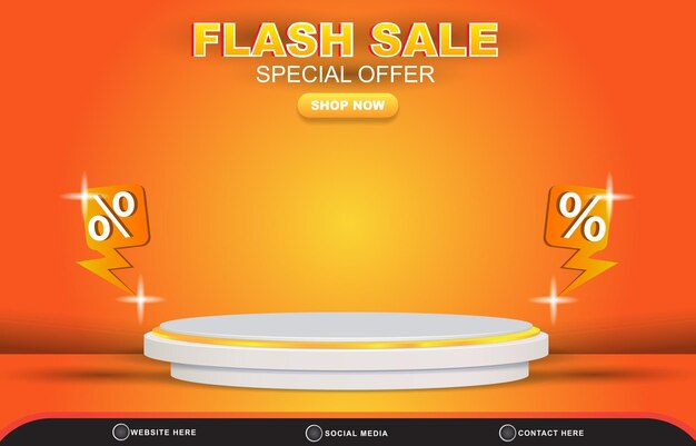 Bandiera del modello di sconto dell'offerta speciale di vendita flash con podio 3d spazio vuoto per la vendita di prodotti con design di sfondo arancione e giallo sfumato astratto