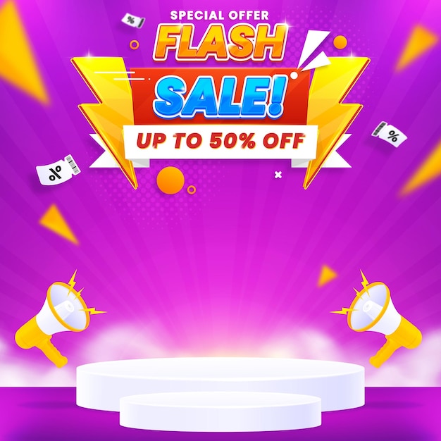 Flash sale square banner template with podium and megaphone