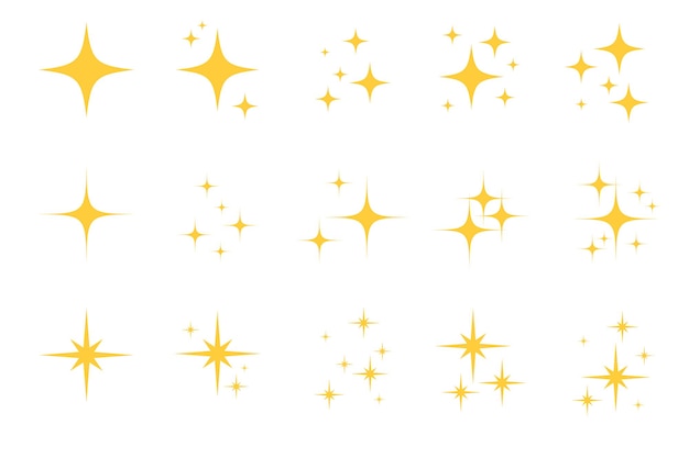 Flash sparkle flat star icon set. twinkle star silhouette for gold sparkle, yellow glitter light, magic shiny flare effect. isolated vector illustration.