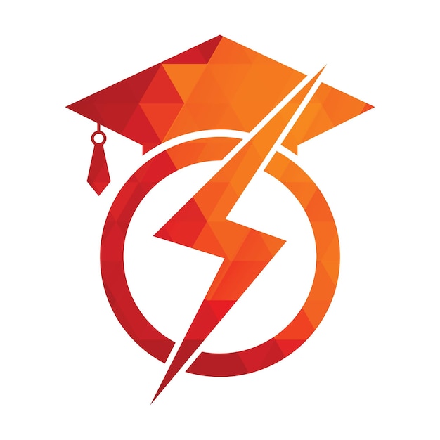 学生のベクトルのロゴのテンプレートをフラッシュします。卒業帽と雷のアイコンが付いた教育のロゴ。