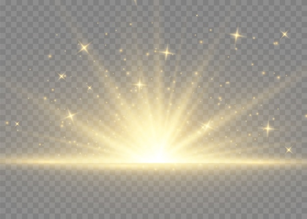 Flash of sun with rays and spotlight. the star burst with brilliance. yellow glowing lights sun rays. special lights effect isolated on transparent background.