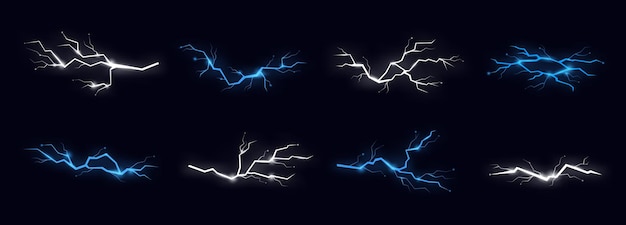 Вектор Элементы вспышки молнии световой заряд грома ударил в синий и белый цвета энергия электроэнергии яркие эффекты молния колоритная векторная коллекция иллюстрации энергии грома
